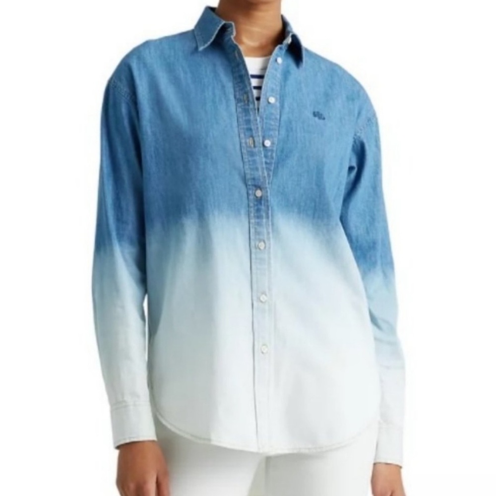 Lauren Ralph Lauren Ombré Denim Chambray Button Down Long Sleeve Shirt XS Petite
